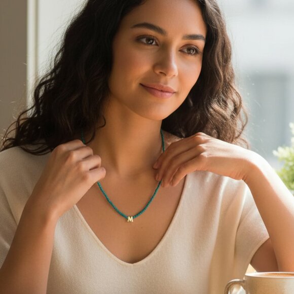 BaubleBar Turquoise Beaded Necklace with M initial - Picture 1 of 4